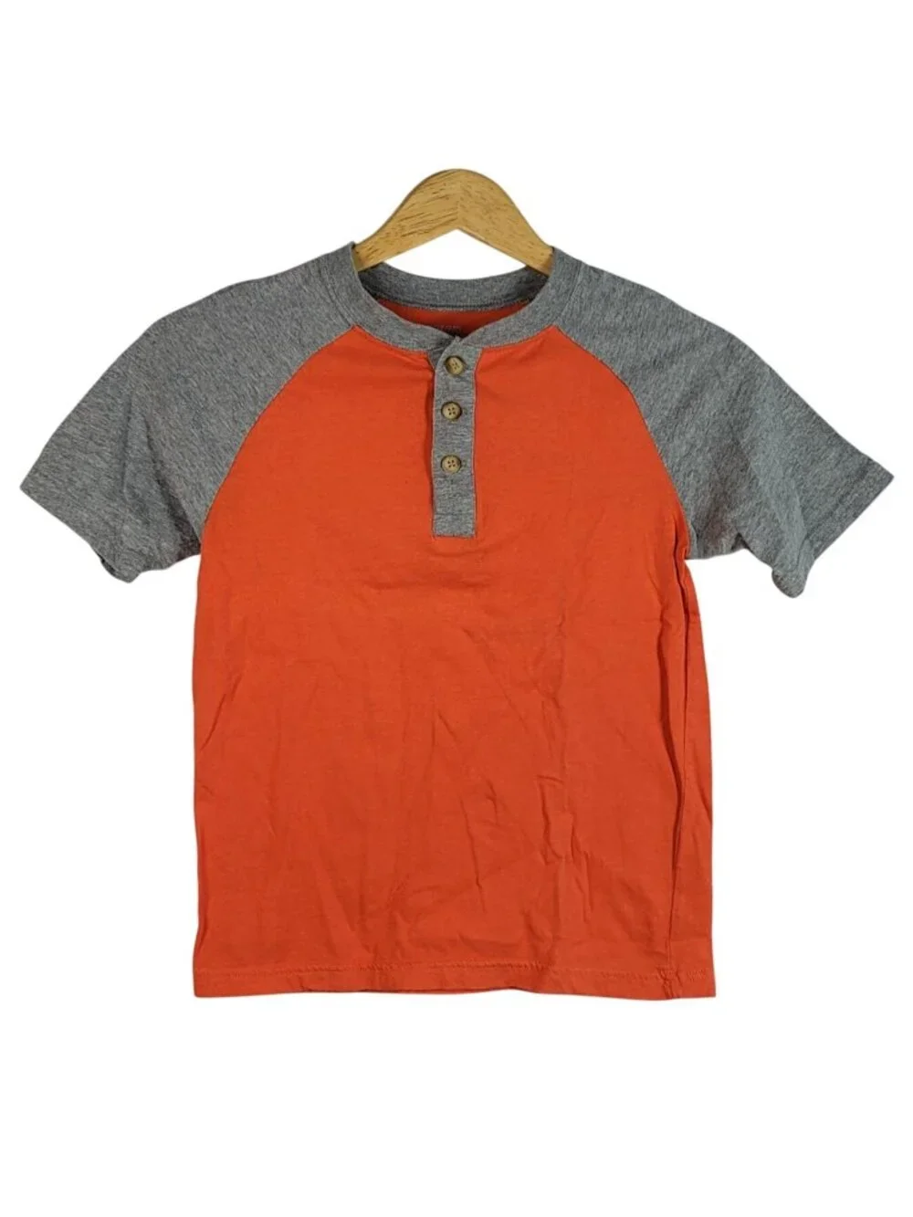Children's Place Boys Henley Shirt Orange Gray SZ 7 Medium Short Sleeve Pullover